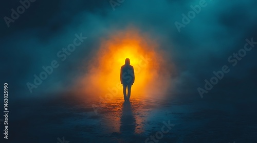 Silhouette Of Man In Hooded Jacket Stands Before Glowing Light In Photo