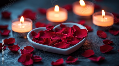 Romantic heart-shaped bowl filled with red rose petals and surrounded by lit candles.