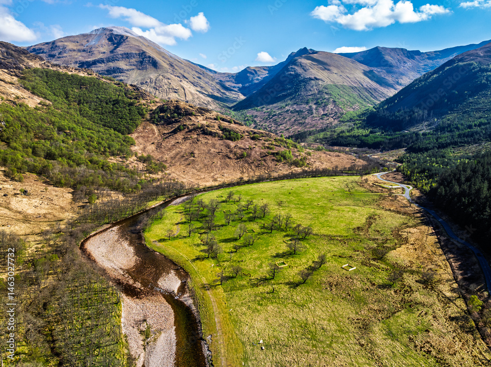 Glen Nevis Valley and River Navis from a drone, Fort William, Lochaber, Highland, Scotland