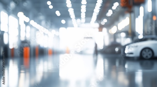 Blurry interior view of a large auto repair shop