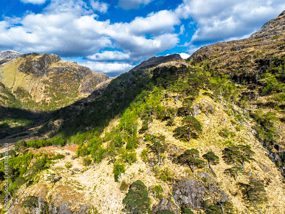 Glen Nevis Valley and River Navis from a drone, Fort William, Lochaber, Highland, Scotland