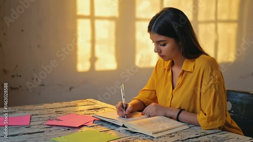 A young woman deeply engrossed in writing, illuminated by the warm glow of sunlight through a window, accompanied by stationary 