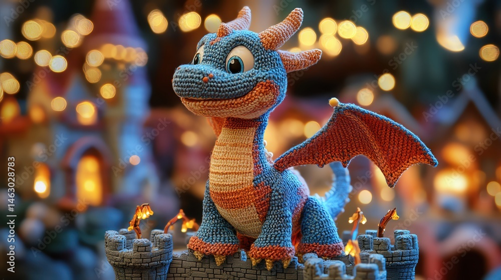 Obraz premium Knitted dragon on castle set side angle playful fantasy theme indoor light detailed craft