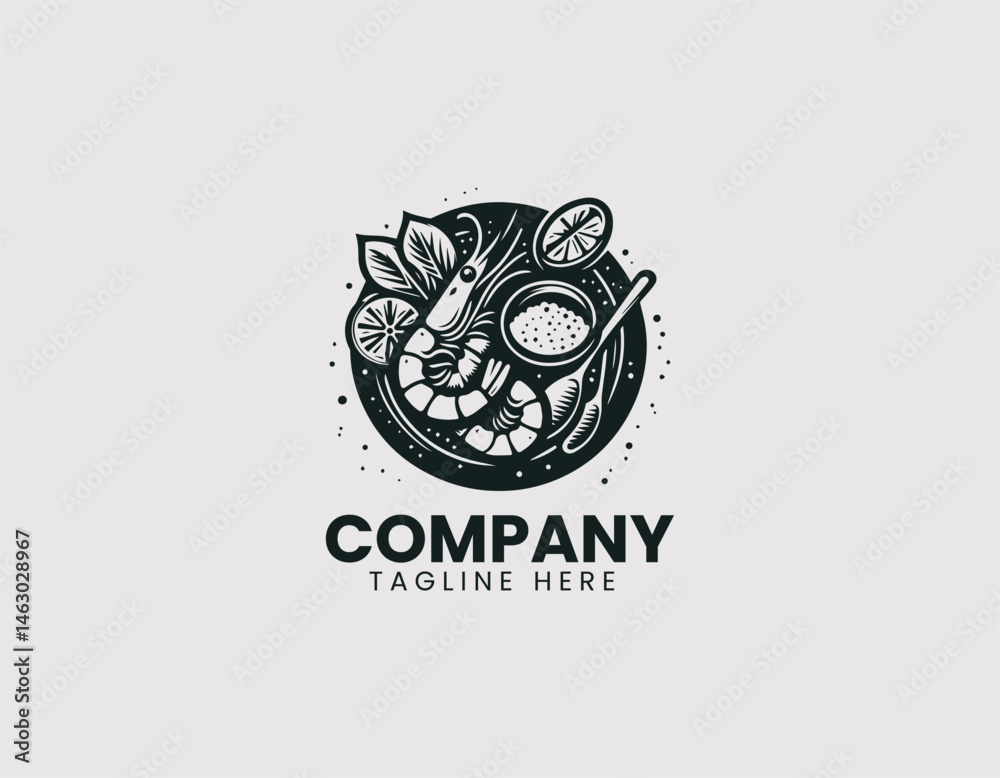 Obraz premium Vector logo of a plate of cooked shrimp with lime and spices. Colorful flat cartoon food illustration for seafood restaurant branding.