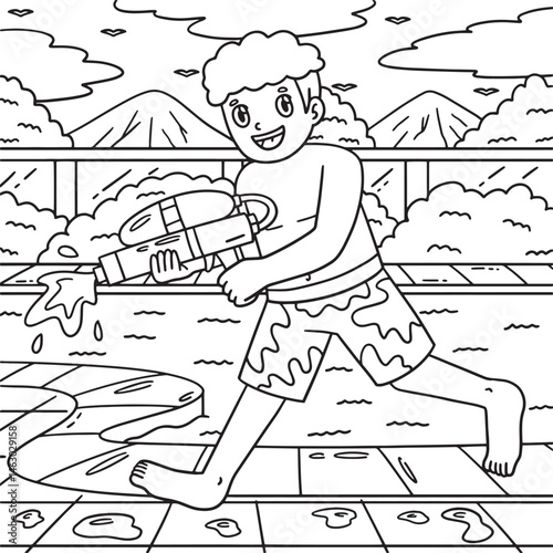 Swimming Boy Playing with Water Gun Coloring Page 