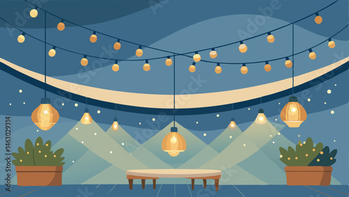 The ceiling is adorned with hanging fairy lights creating a cozy and inviting ambiance.