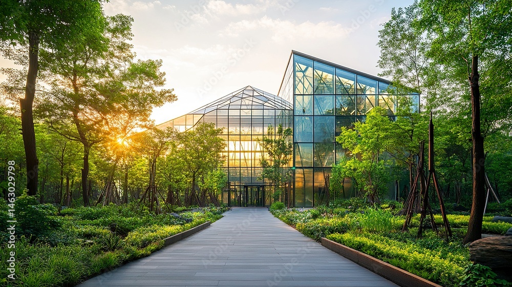 Fototapeta premium A sustainable corporate hub with clean, geometric glass architecture, surrounded by landscaped greenery and trees, promoting heat reduction and a carbon-neutral footprint