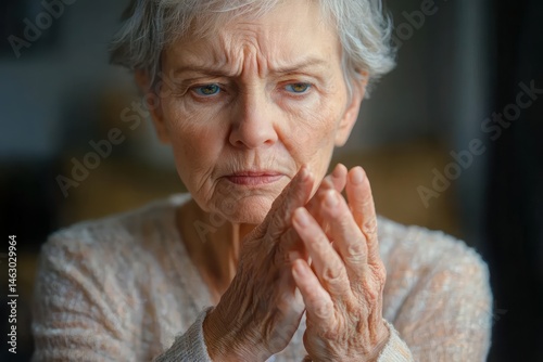 Close-up of an elderly woman looking worried and contemplative while holding and inspecting her wrinkled hands indoors photo