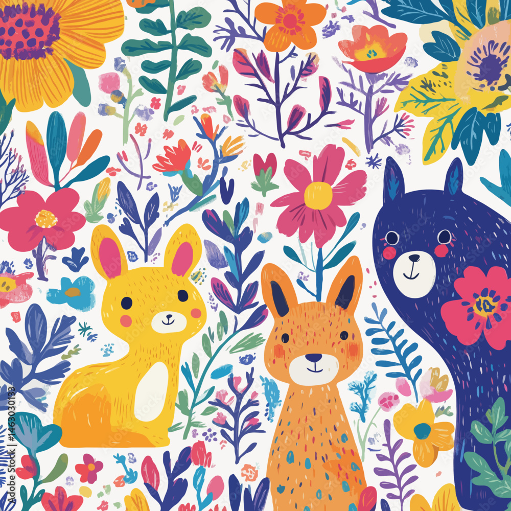 Naklejka premium Children's watercolor drawing of animals in a playful mood on a floral background