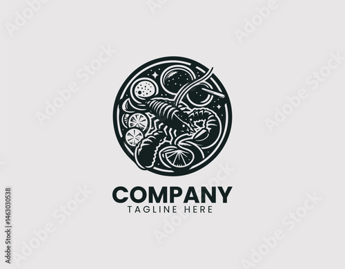 Vector logo of cooked lobster served on a plate with dipping sauce and lime. Flat cartoon food illustration for gourmet seafood branding and restaurant menu design.