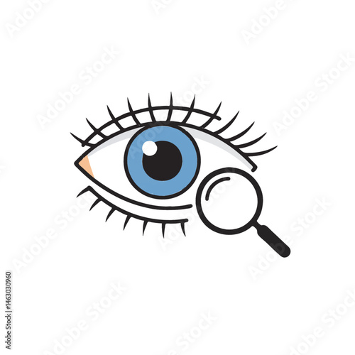 A stylized blue eye with long lashes is examined by a magnifying glass, symbolizing vision care, eye health, and detailed medical checkup by an ophthalmologist or optometrist.