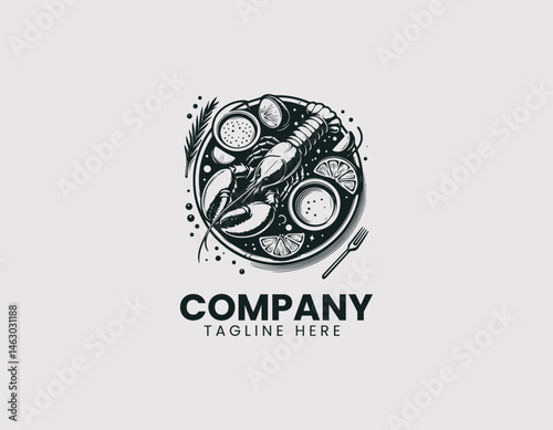 Vector food logo of a cooked lobster with lime and dipping sauce on a plate. Flat colorful cartoon illustration for seafood cuisine and gourmet restaurant menus.