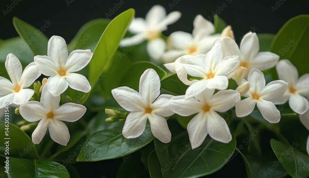 Close-up of white star-shaped flowers surrounded by glossy green leaves in a natural setting Close-up of white star-shaped flowers surrounded by glossy green leaves in a natural setting