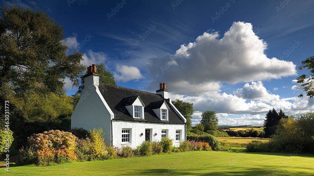 Obraz premium A well-designed white house with a black tiled roof, its classic yet modern architecture framed by a blue sky with cotton-like clouds, creating a serene and picturesque setting 