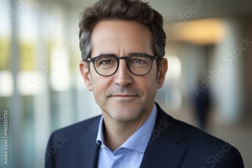 Mid-shot portrait of a man in a business suit and eyeglasses, appearing serious and professional.  He is looking directly at the camera with a neutral expression