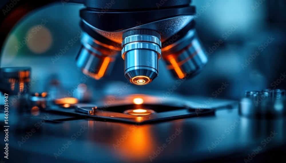 Close-up of a laboratory microscope lens with illuminated orange light focusing on a slide for scientific research in a cool blue environment Close-up of a laboratory microscope lens with illuminated orange light focusing on a slide for scientific research in a cool blue environment