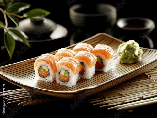 Delicious Salmon Sushi Rolls on Wooden Plate