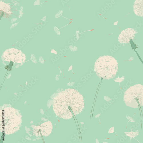 Dandelions in a serene mood on a mint-green background with copy space