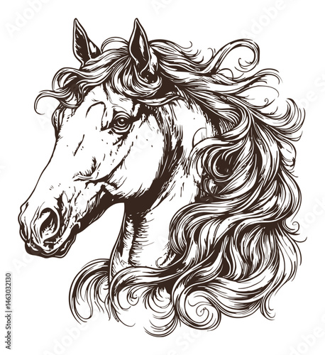 Detailed Artistic Illustration of a Graceful Horse Head in Vector Style