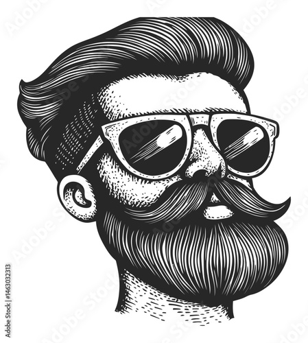 Vintage Style Portrait of Hipster Man with Glasses and Beard