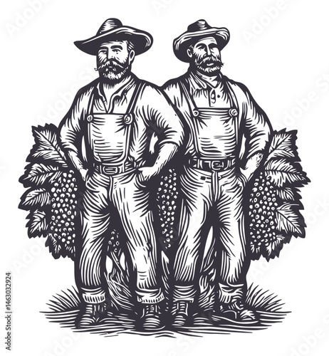 Vintage Illustrative Artwork of Two Farmers with Grapevines