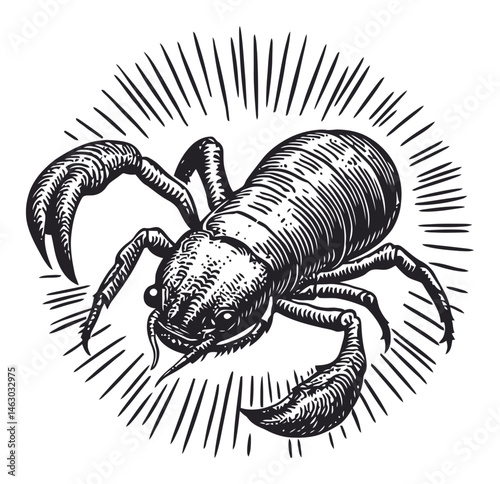 Detailed Illustration of a Scorpion with Radiating Lines