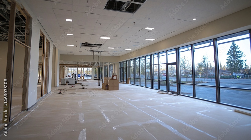 An expansive view of a modern office space during suspended ceiling tile installation, with clean grid lines and partially completed areas highlighting precision and modern design 