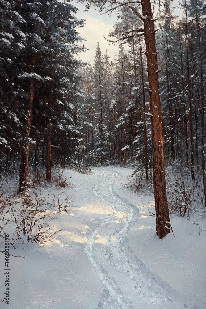 Fototapeta premium A quiet snowy forest path winding through tall pine trees under soft daylight, evoking a peaceful and serene winter atmosphere