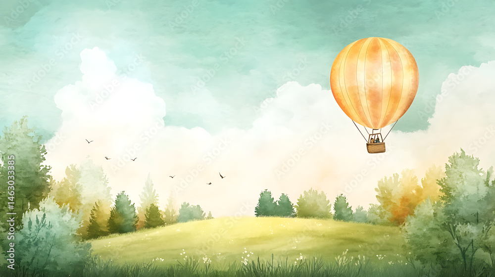 Obraz premium A hot air balloon is flying over a field of grass