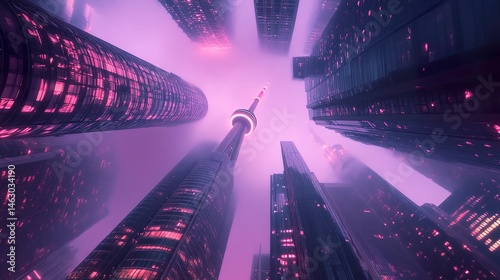 Looking up at tallest skyscrapers, their sleek designs creating a sense of scale and ambition, framed by the open sky