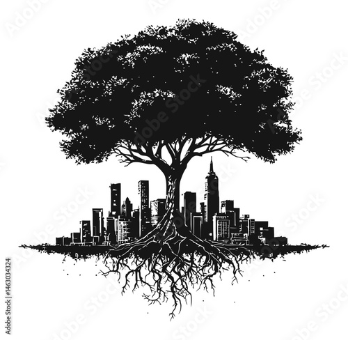 Tree Silhouette with City Skyline Roots Vector Illustration Art