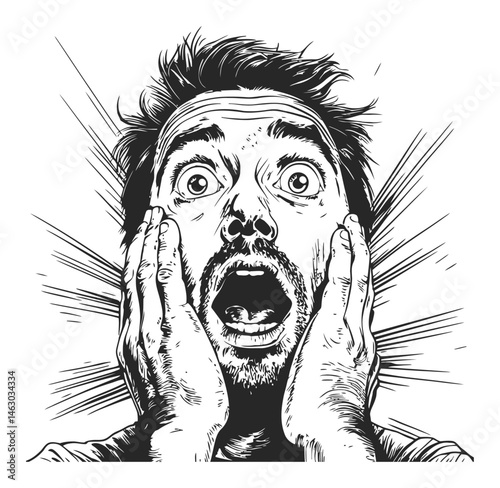 Shocked Man Expressing Surprise with Hands on Face Black and White