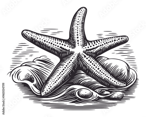 Detailed Vector Illustration of a Starfish on Ocean Waves