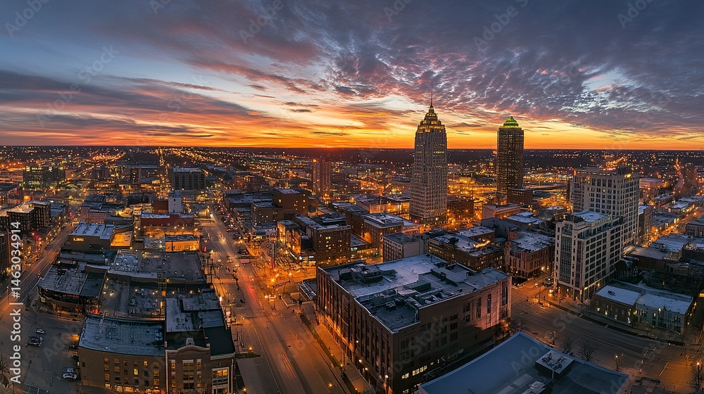 Obraz premium The Cleveland skyline captured from above at sunset, showcasing its mix of historic and modern architecture with the Terminal Tower and Key Tower glowing in the warm evening light