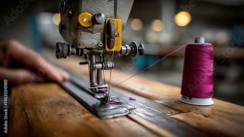 Close-up of industrial sewing machine stitching pink thread onto fabric in workshop environment photo
