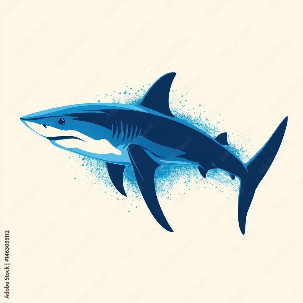 Obraz premium illustration of a blue shark swimming with dynamic water splashes around it on a light background showing motion and strength