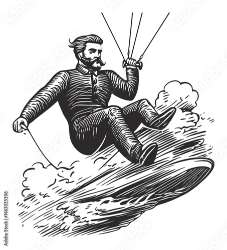 Vintage Illustration of a Man Kitesurfing on the Ocean Waves