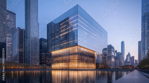 The facade of a modern office building reflecting the neighboring high-rises in the financial district, symbolizing collaboration and interconnectivity in business and finance 