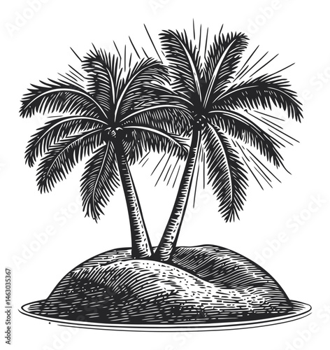Elegant Vintage Vector Illustration of Palm Trees on an Island