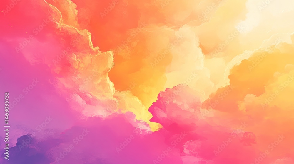 Obraz premium Dreamy pastel sky with watercolor clouds blending in vibrant hues of pink, orange and yellow