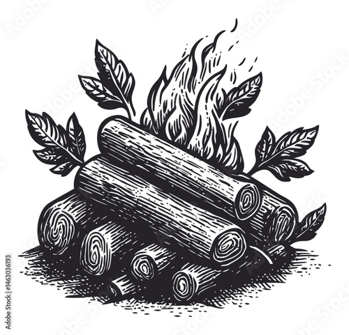 Hand-Drawn Vector Illustration of Firewood and Flames with Leaves