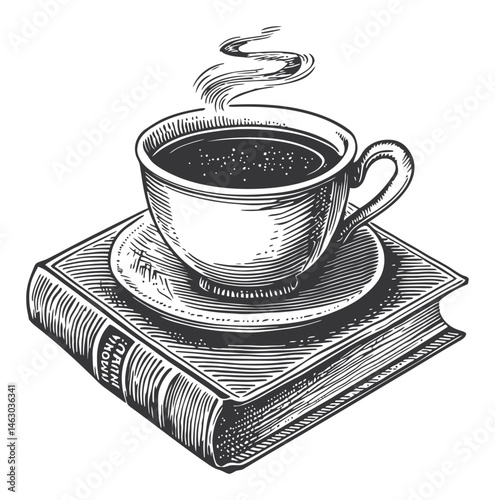 Vintage Coffee Cup on Book with Steam and Detailed Illustrations