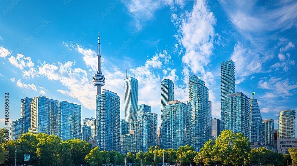 Fototapeta premium The striking skyline of Toronto viewed from below, its towering skyscrapers with angular glass facades standing tall against a pristine blue sky