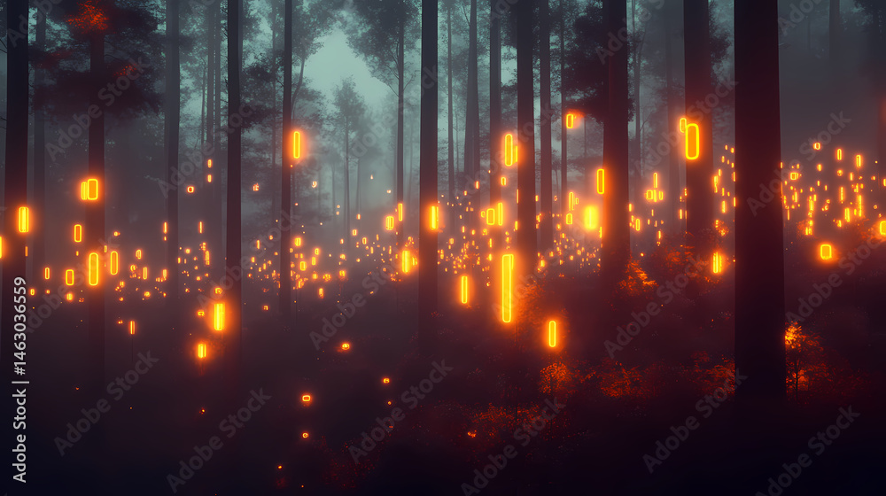 Fototapeta premium Autumnal forest with glowing, mechanical trees. mechanical forests. illustration. [Mechanical Forests] | Artificial Grove | synthetic underbrush. Illustration