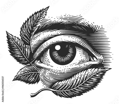 Artistic Eye Surrounded by Leaves in Black and White Vector Design