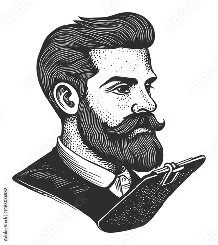 Vintage Hand-Drawn Portrait of Stylish Man with Beard and Mustache