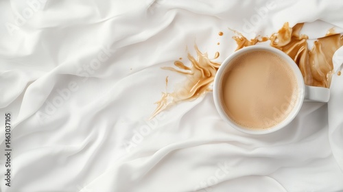 A fresh cup of coffee spills onto a soft white fabric, creating a captivating contrast and evoking emotions of carelessness and the hustle of daily life.