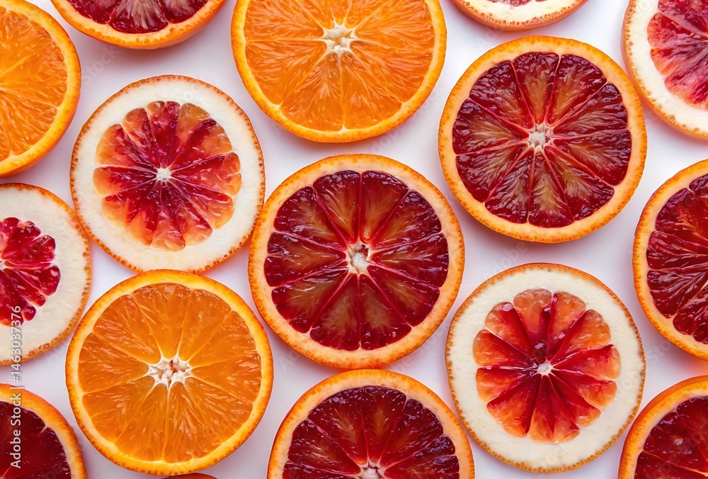 Vibrant Pattern of Sliced Blood Oranges and Navel Oranges on a White Background, Top-Down Close-Up Displaying Contrasting Colors and Juicy Texture Vibrant Pattern of Sliced Blood Oranges and Navel Oranges on a White Background, Top-Down Close-Up Displaying Contrasting Colors and Juicy Texture