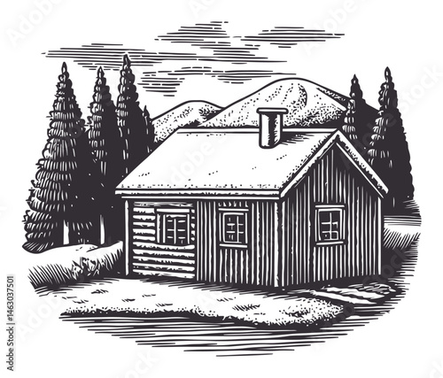 Vintage Cabin with Mountain Landscape in Black and White Vector Art