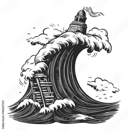 Striking Black and White Illustration of Lighthouse on Wave